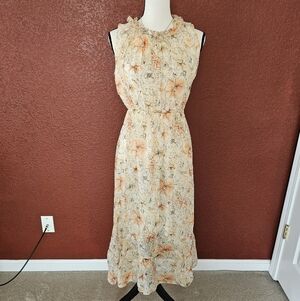 Sleeveless Cream Floral Maxi Dress with Elastic Waist and Ruffle Neck